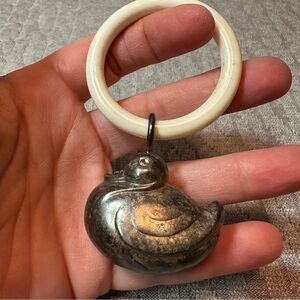 Antique Silver Duck Pendant Baby Rattle with Plastic  Ring
